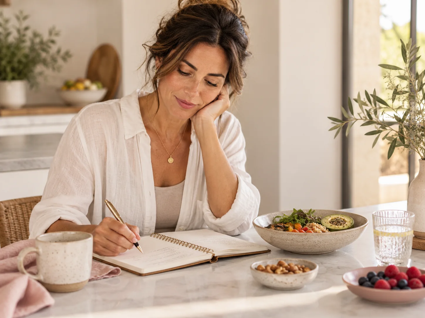 Mujer reflexionando sobre sus hábitos alimentarios mientras escribe junto a una comida